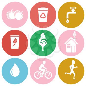 Ecology and health protection symbols in circles with healthy lifestyle, recycling and saving water isolated vector illustrations.