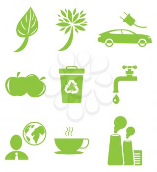 Ecology green icons collection isolated on white. Vector poster in flat design of signs presenting healthy lifestyle for nature