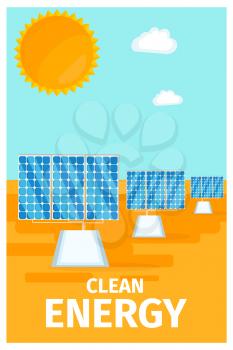 Clean energy poster with solar system batteries and big sun vector illustration. Innovative technology of production electricity