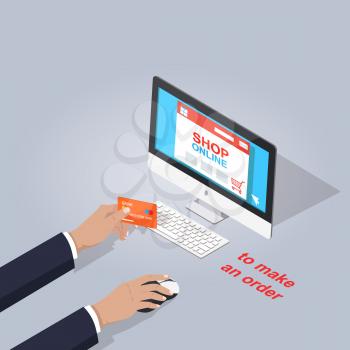 Make order in online shop on computer flat theme on gray background. Human's hands holding debit card and notebook mouse. Vector illustration of electronic commerce in cartoon style graphic design.