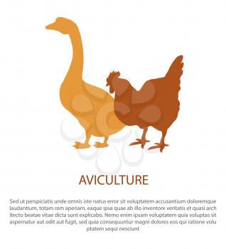 Agriculture poster with silhouette of hen and goose vector illustration isolated. Domestic fowl in flat design. Logo design for fresh poultry production