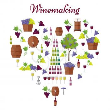 Winemaking poster in heart shape that includes basket of grapes, wine in bottle and glass, wooden barrel and metal corkscrew vector illustration