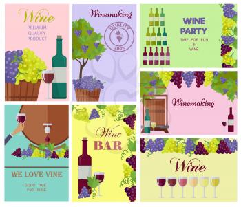 Wine template colorful collage of winemaking and ready alcoholic beverage in bottles, special glasses and wooden barrel vector poster