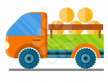 Car carrying hay in a trailer vector illustration isolated on white. Auto for transportation haystacks, vector illustration in farming concept