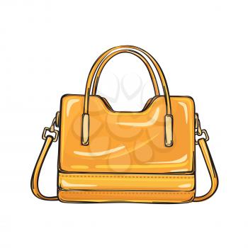 Trendy orange women bag with three handlers of different length isolated on background. Fashionable accessory for elegant and casual outfits. Vector illustration of spacious handbag.