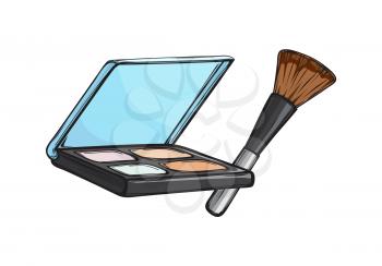 Black capsule with eyeshadows and brush isolated on background. Make up beauty tool vector illustration. Women face appliance to emphasize eyes . Compact cosmetic for bright look.