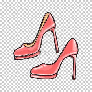 Pink pair of stiletto shoes isolated on transparent background. Fashionable women footgear for chic look. Luxurious leather footwear vector illustration. Bright stilettos for glamorous outfit.