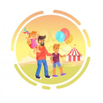 Amusement park father with children isolated on beige. Son holds air balloons and daughter sits on dads shoulders vector illustration in round circle
