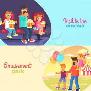 Visit to cinema and amusement park with father poster. Redhead daughter, teen son and dad in glasses watching an interesting film and walk together vector illustration