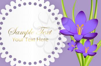 Cute congratulation postcard with violet crocus and circle with wave edge inside which you can place text vector illustration on purple background.