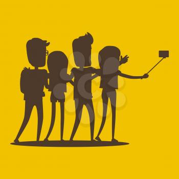 Silhouettes of young modern people pose and smile for selfie isolated on white background. Friendship Day celebration together with friends and family vector illustration. Youth have fun in company