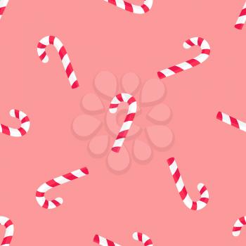 Striped candy stick in red and white colors seamless pattern isolated on pink. Endless texture with traditional Christmas lollipop vector illustration. Tasty dessert, ornamental confectionery treat
