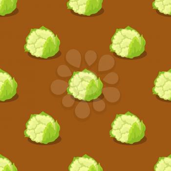 Cauliflower isolated on brown seamless pattern. Vector illustration of fresh vegetables organic plant, healthy green cabbage endless texture wallpaper design. Textile with nutritious dieting