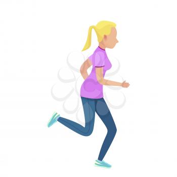 Young blonde girl running vector illustration. Shapely female dressed in purple t-shirt, blue leggings and navy sneakers.