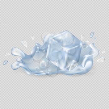 Ice cube drops in clear water maing big splash that spreads drops all over isolated vector illustration on transparent background.