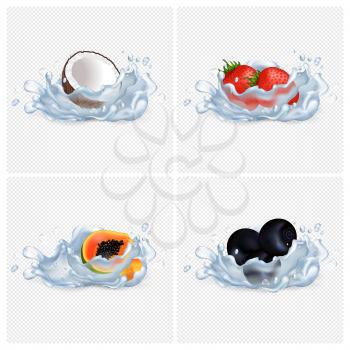 Tropic coconut, fresh strawberries, sweet papaya and blackberry or black currant in water isolated vector illustrations on transparent background.