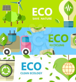 Save nature, recycling and clean ecology poster with eco bulb, truck with electric engine, rubbish bin and green leaves vector illustrations.