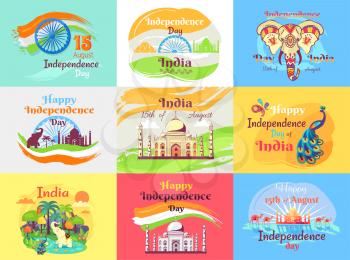 Indian Independence day emblems with Taj Mahal, elephant in patterns, national flag, local nature and bright peacock vector illustrations.