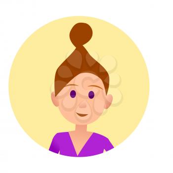 Woman with hair in beam in round button avatar user pic on white background vector illustration. Cheerful cartoon lady with bun