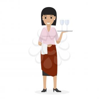 Happy waitress in red pinner keeps tray with two glasses in one arm and other with white towel vector illustration isolated