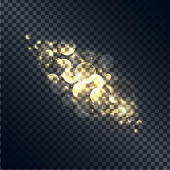 Shiny golden bubbles made of light of small and big size put in disorder sequence isolated vector illustration on dark transparent background.