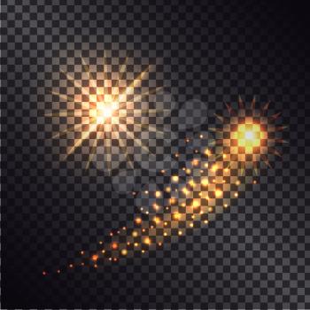 Bright shooting multi-pointed star with shiny trace made of small balls of light isolated vector illustration on white background.