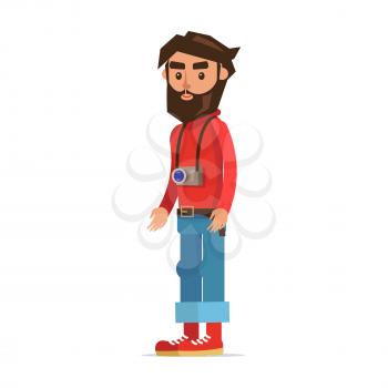 Bearded man with camera cartoon character. Young male in red jumper, rolled up jeans, boots and photo camera on neck isolated flat vector. Smiling hipster tourist standing half-turned illustration