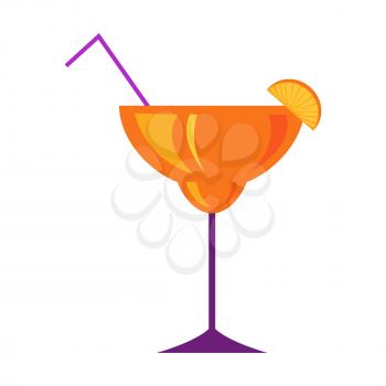 Margarita glass with citrus slice and straw flat vector icon isolated on white background. Alcoholic fruit cocktail in colorful glass illustration for leisure concepts and drinks menu design