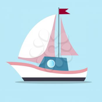 Boat with sails in white-pink color and red flag isolated in blue background. Vector illustration of fast transportation mean moving by water