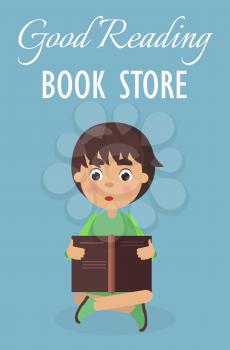Little boy in good reading book store isolated on blue background vector illustration. Schoolboy sitting and holding dark textbook.