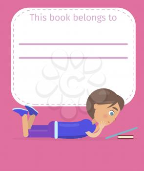 Place for owner name sign and little boy who lies and reads from tablet leaned on book on pink background vector illustration.