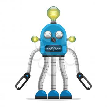 Blue robot with light bulbs and speech and power indicators instead of face stand on three limbs isolated vector illustration on white background.