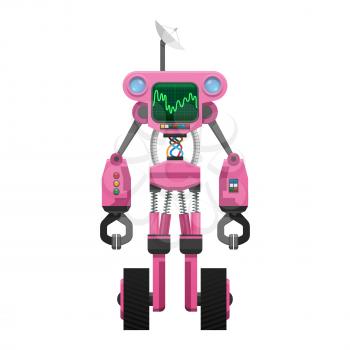Pink robot with satellite, sound wave indicator, colorful buttons and wires in center of body isolated vector illustration on white background.