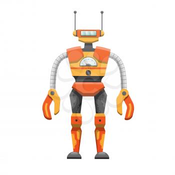 Metal solid humanoid robot with antennae, speed indicator and round switcher isolated cartoon vector illustration on white background.