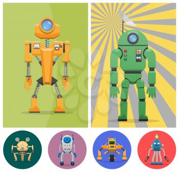 Metal unusual robots with special lenses, colorful buttons, panels with indicators, mechanic limbs and small wheels vector illustrations set.