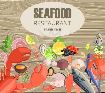 Seafood restaurant with fresh fish. Huge lobster, delicious salmon, black and red caviar, king shrimps and tasty octopus vector illustrations.