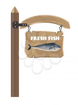 Fresh fish depicted on hanging wooden board with inscription isolated on white vector colorful illustration in graphic design
