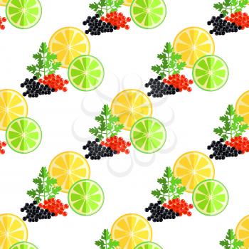 Lime and lemon slices, green parsley, red and black caviar seamless pattern vector illustration. Seafood with seasoning endless texture.