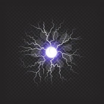 Bright fireball that shines with violet color and spread electricity isolated vector illustration on dark transparent background.