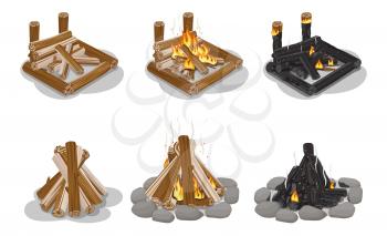 Brown and black firewood set isolated on white. Vector banner of touristic campfires with and without burning flame. Types of camp fires made of chopped trees. Firewood collection in flat design
