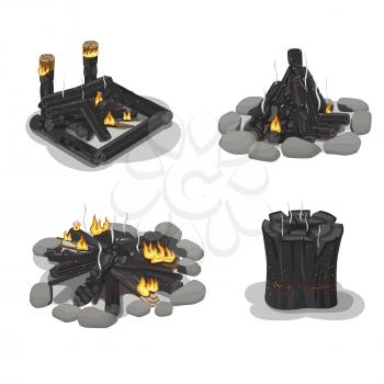 Set Firewood of four burned-out bonfire and stump illustrations with differently folded wood, stones and shadows on white background. Outdoor pastime on nature. Isolated vector illustration.