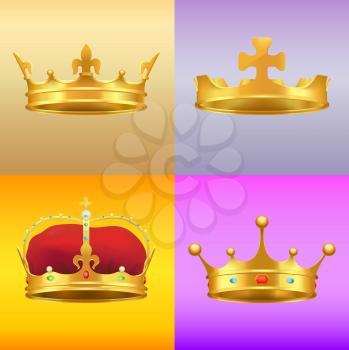 Gold kings crowns from different Medieval States with peaks, gems and cross vector illustrations on colorful background.