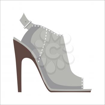 Grey open-toed mules shoe with high heel and stitching isolated on white background. Vector illustration of elegant women s shoes. Fashionable shoes with high heels for warm summer and spring.