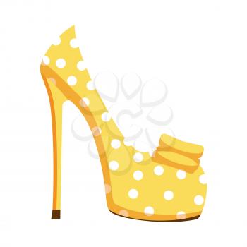 Yellow with white dots and bow pump shoe on high heel isolated on white background. Vector illustration of bright women shoes for fresh look. Fashionable shoes with high heels for summer season.