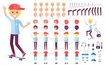 Cheerful teenage skater boy in cap constructor. Spare body parts, messy hairstyles, modern clothes and special equipment vector illustrations.