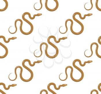 Curved slither snake seamless pattern. Creeping scaly brown tropical snake with yellow eves vector on white background. Crawling reptile illustration for wrapping paper, prints on fabric