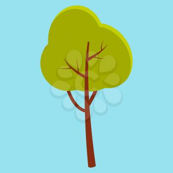 Green summer tree with brown stem flat closeup icon isolated on blue background. Vector illustration of nature in cartoon style.
