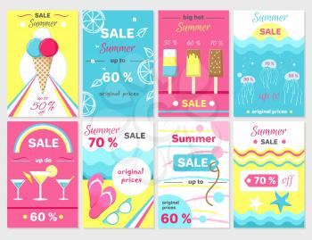 Summer sale up to 70 promotional posters set with ice cream, jellyfishes in water, tasty cocktails, pink flipflops and beach vector illustrations.