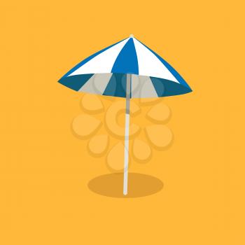 Big bicolor blue and white umbrella isolated on yellow background. Cartoon summer beach equipment vector illustration. Sun light protection in hot day. Attribute for holidays in hot countries.