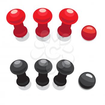Big pushpins of red and black colors isolated on white background. Adjustment to fasten paper to wall or point places on world map vector illustration. Small and simple stationary stuff.